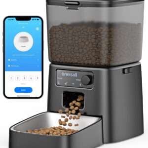 oneisall Automatic Cat Feeder, 3.5L Smart Timed Pet Feeder Dry Food Dispenser with Desiccant Bag for Cats/Dogs, App Control,1-12 Meals a Day,10s Meal Call,Dual Power,Stainless Steel Bowl(Black)