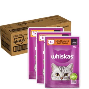 WHISKAS 1+ Years Wet Cat Food with Chicken Favourites in Jelly 85g Pouch, 60 Pack